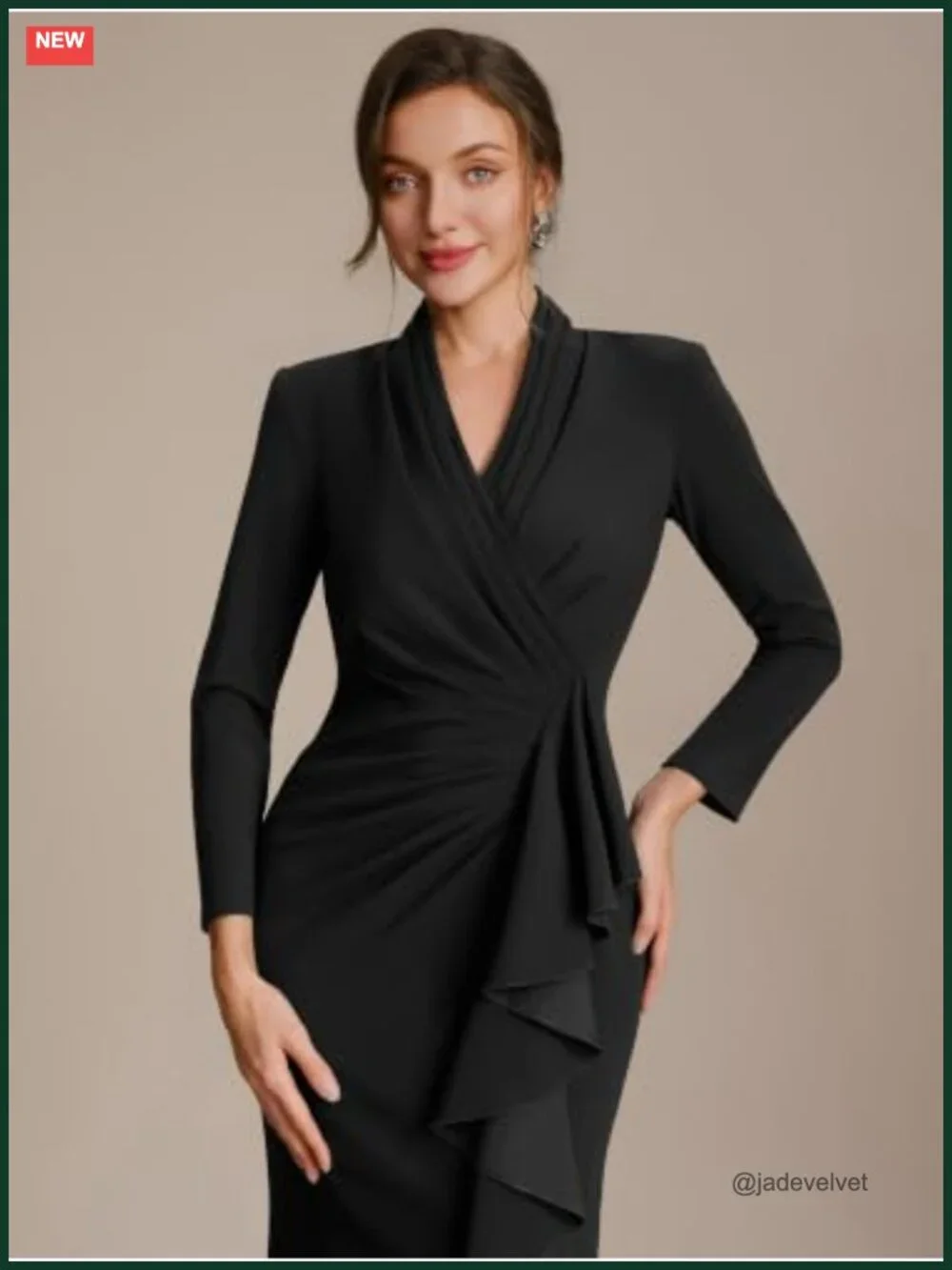 V-Neck Long Sleeve High Low Bodycon Crepe Evening Gown Formal Dress